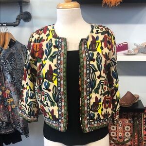 Red and Yellow Jacket with Ornate Pattern and Cropped Style